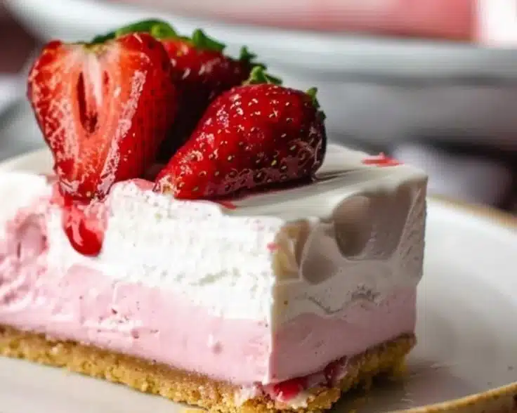 Sparkling strawberry champagne cheesecake bars topped with fresh strawberries.