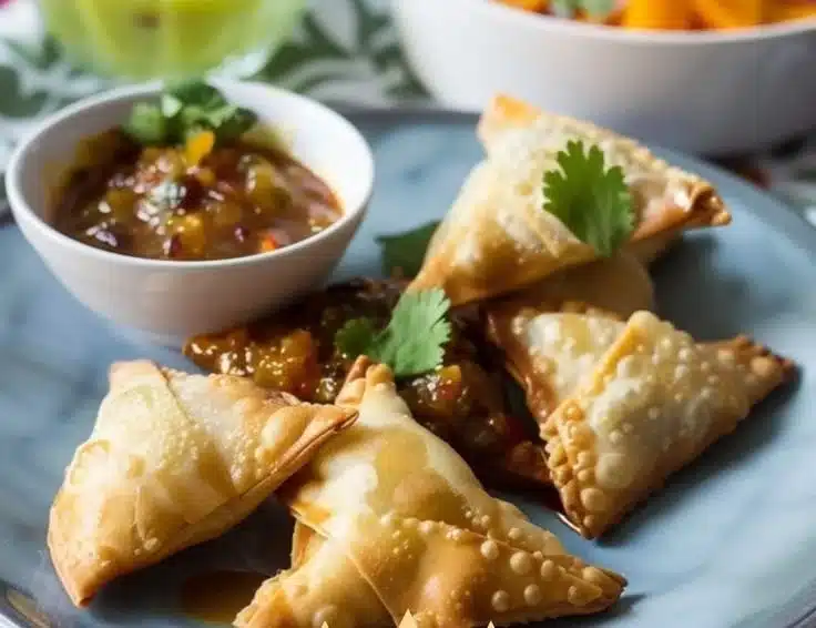 Spiced lamb samosas served with mango chutney on a plate.