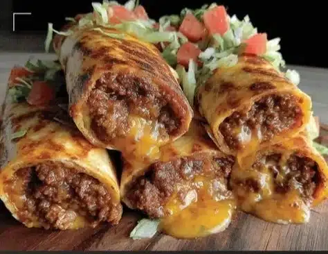 Crispy cheeseburger wraps perfect for Super Bowl party snacks.