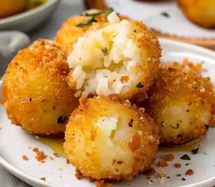 Truffle Oil and Parmesan Arancini served on a plate, showcasing golden crispy exterior.