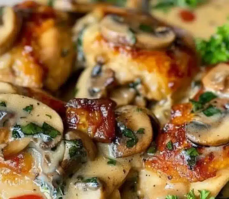 Tuscan Garlic Chicken and Mushroom Roulade garnished with fresh herbs