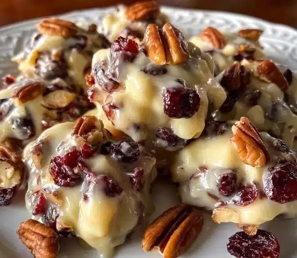 White chocolate cranberry pecan clusters on a white plate