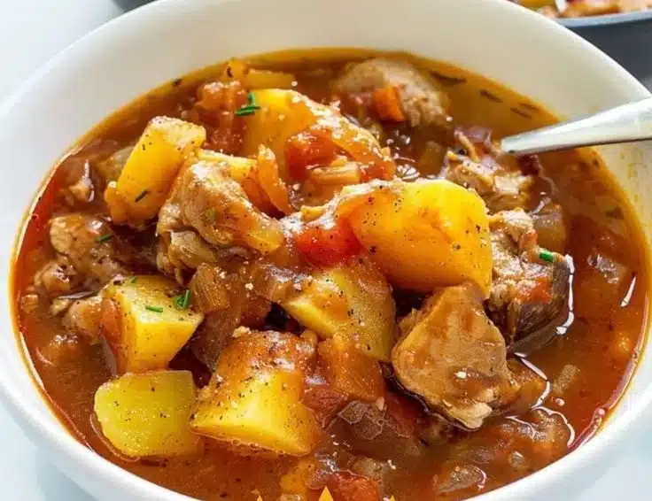 Bowl of winter spiced pork stew with potatoes and spices