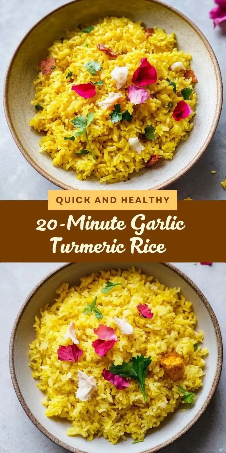 Plate of Garlic Turmeric Rice with herbs and spices, ready in 20 minutes