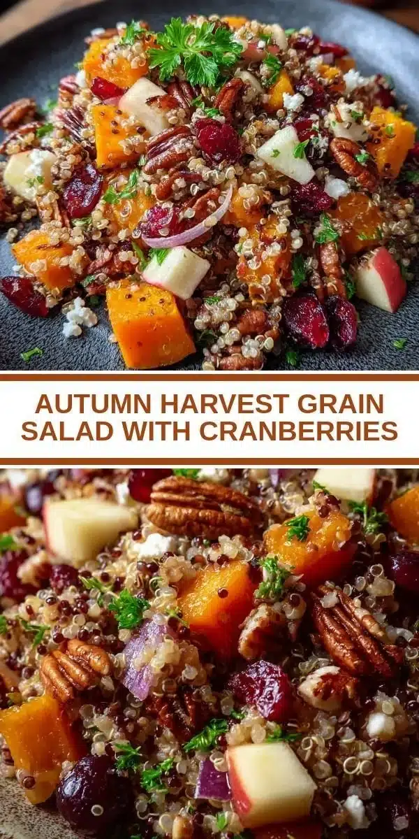 Autumn harvest grain salad with cranberries and seasonal vegetables