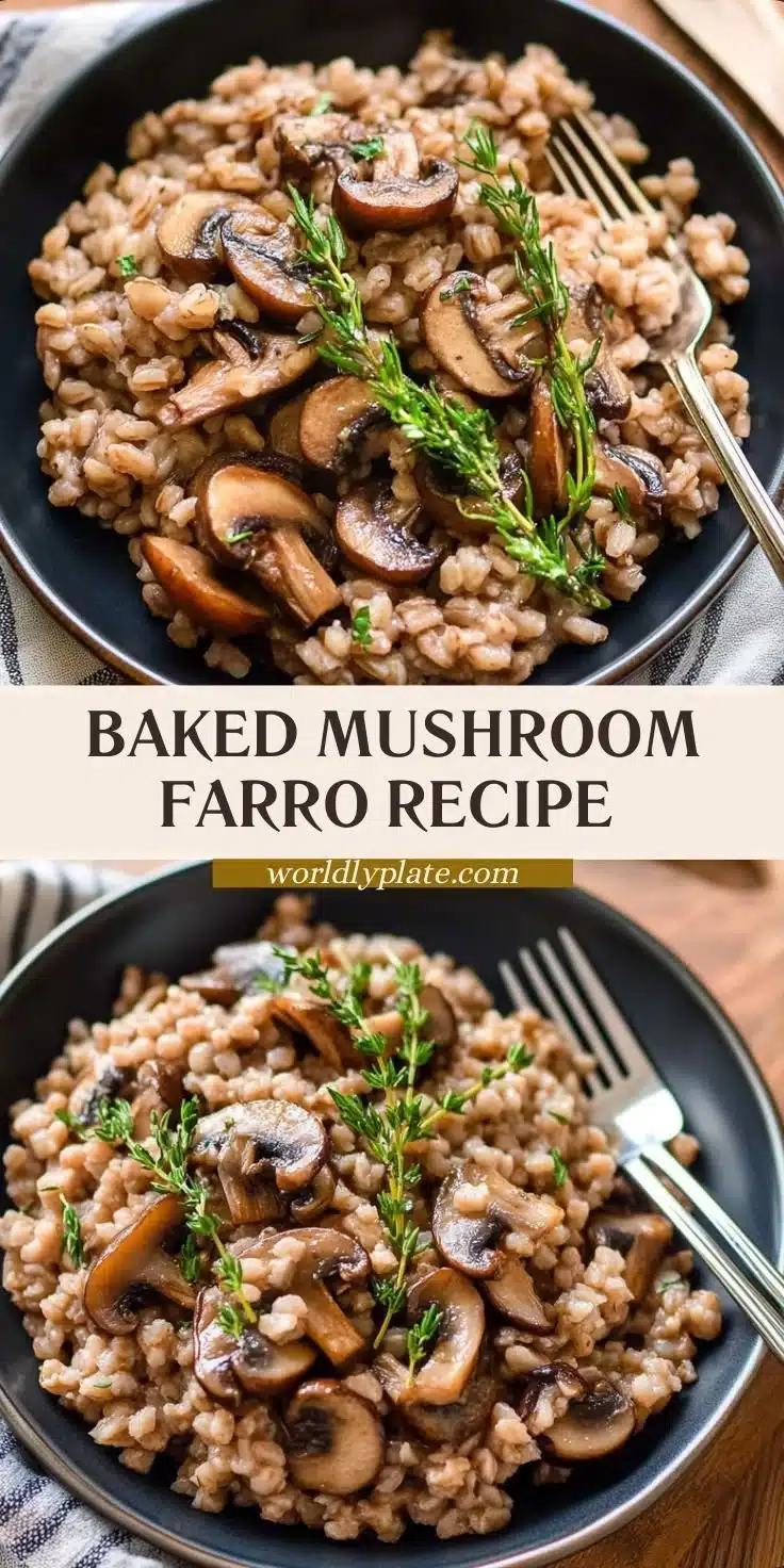 Baked Mushroom Farro with Thyme served in a rustic dish