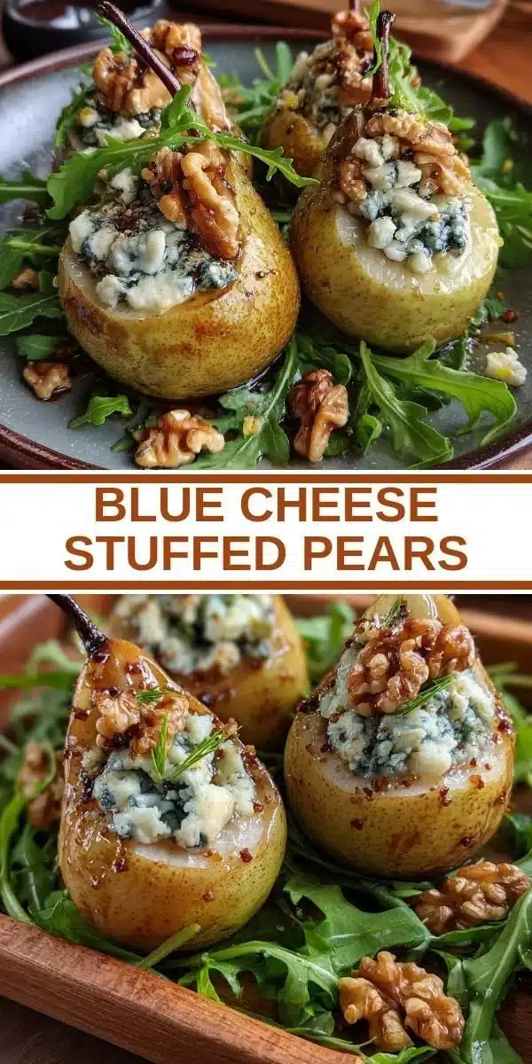 Blue cheese stuffed pears on a white plate, garnished with nuts and herbs.