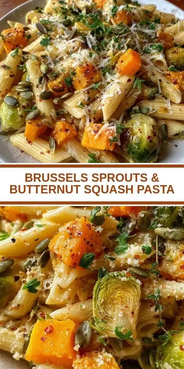 Brussels Sprouts and Butternut Squash Pasta dish garnished with herbs