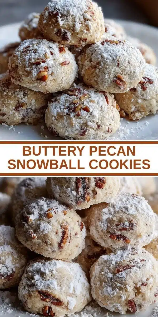 Freshly baked buttery Pecan Snowball Cookies dusted with powdered sugar