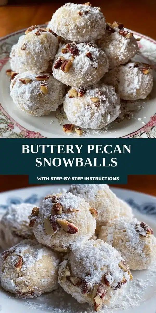 Buttery pecan snowballs in a festive display, dusted with powdered sugar.