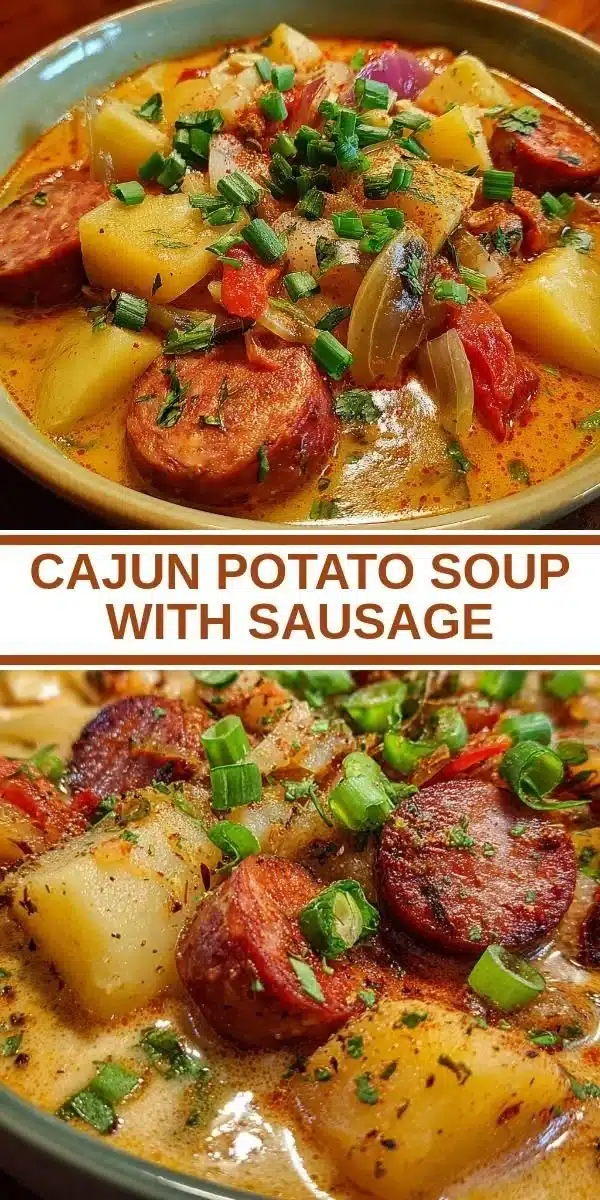 Bowl of Cajun Potato Soup with Sausage garnished with herbs