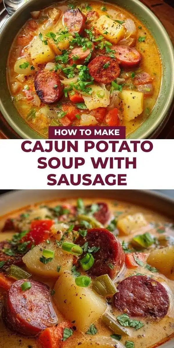 Bowl of Cajun Potato Soup with Sausage, garnished with green onions.