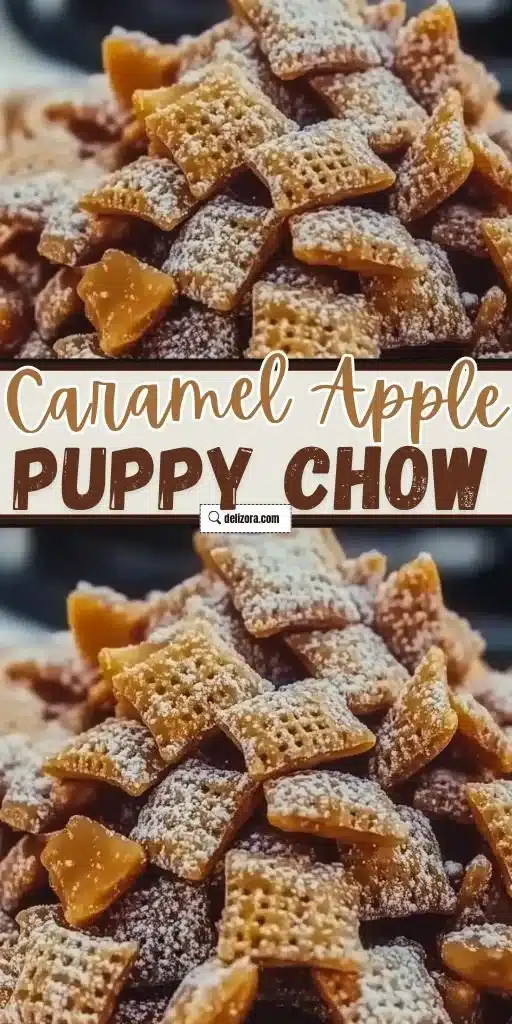 Delicious Caramel Apple Puppy Chow, a sweet and crunchy fall treat.