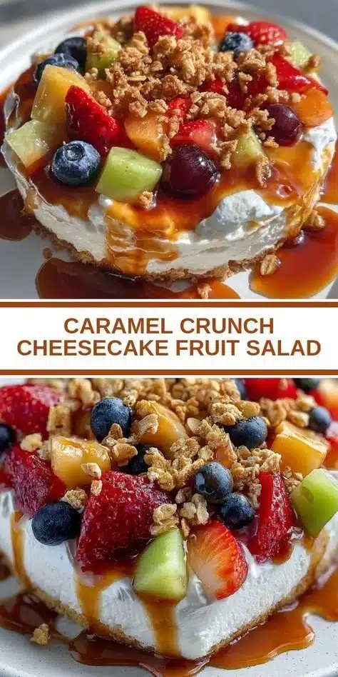 Delicious caramel crunch cheesecake fruit salad with fresh ingredients