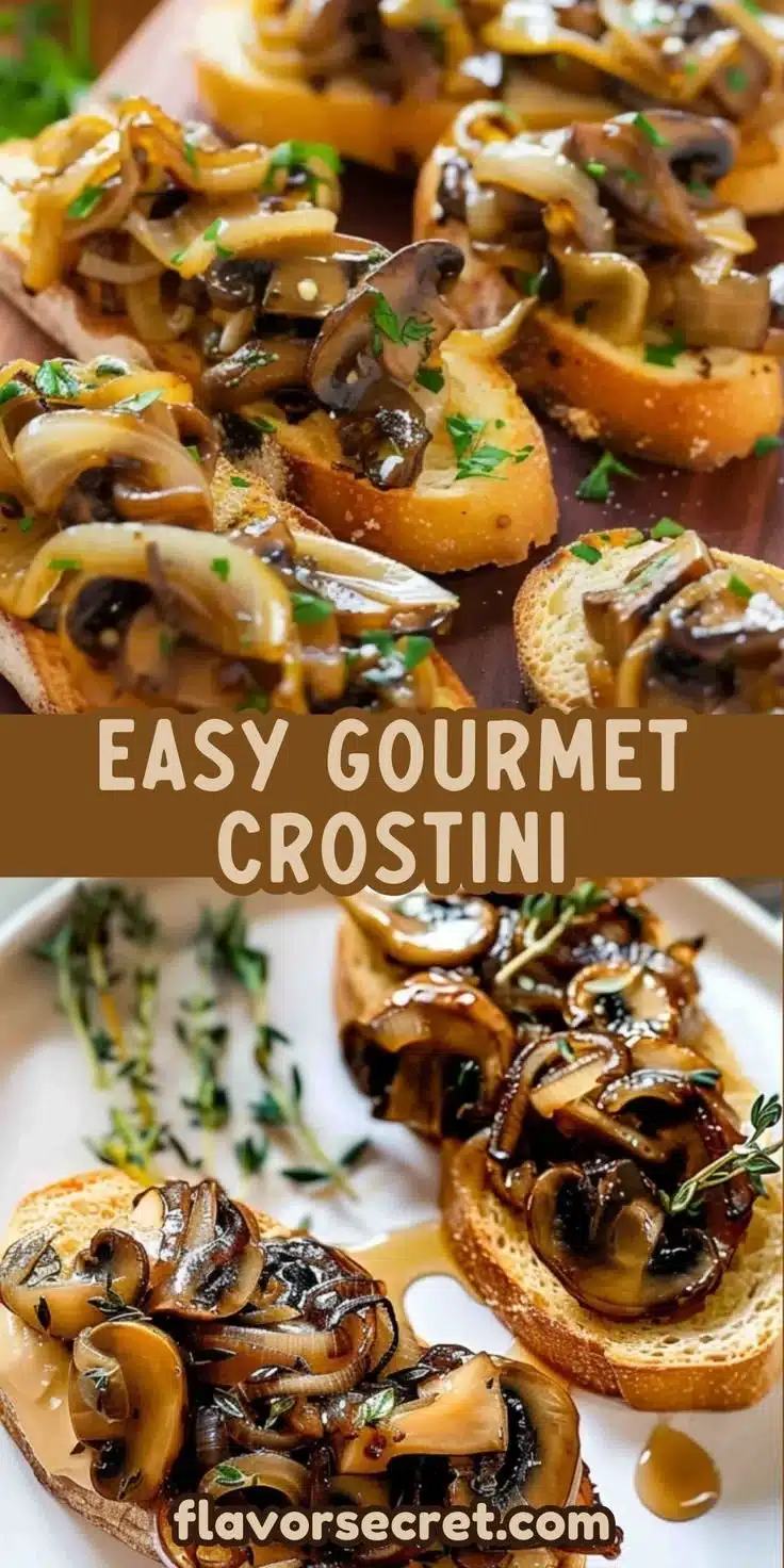 Caramelized Onion and Mushroom Crostini served on a wooden platter