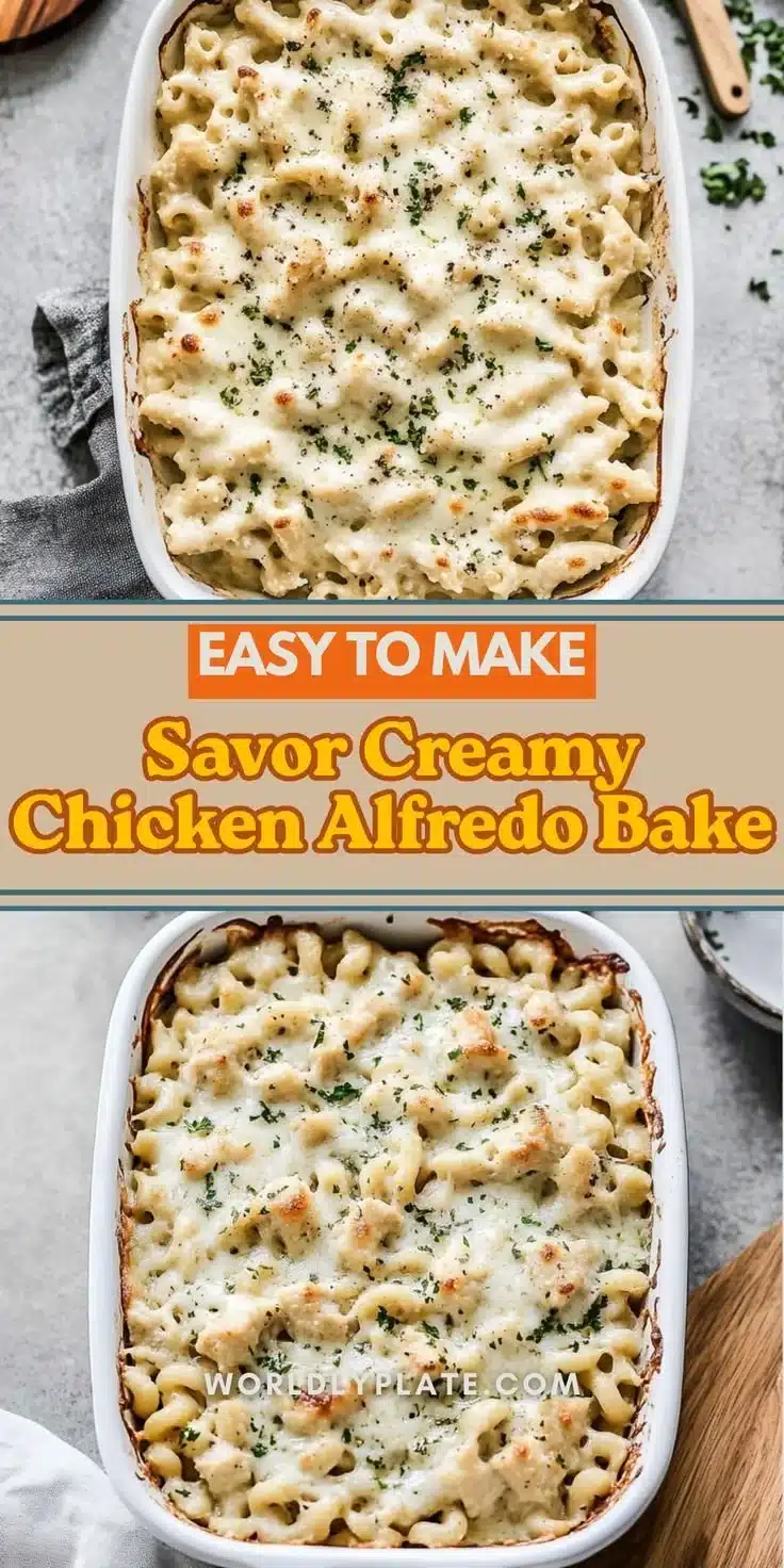 Creamy Chicken Alfredo Bake topped with extra cheese, a delicious comfort food dish