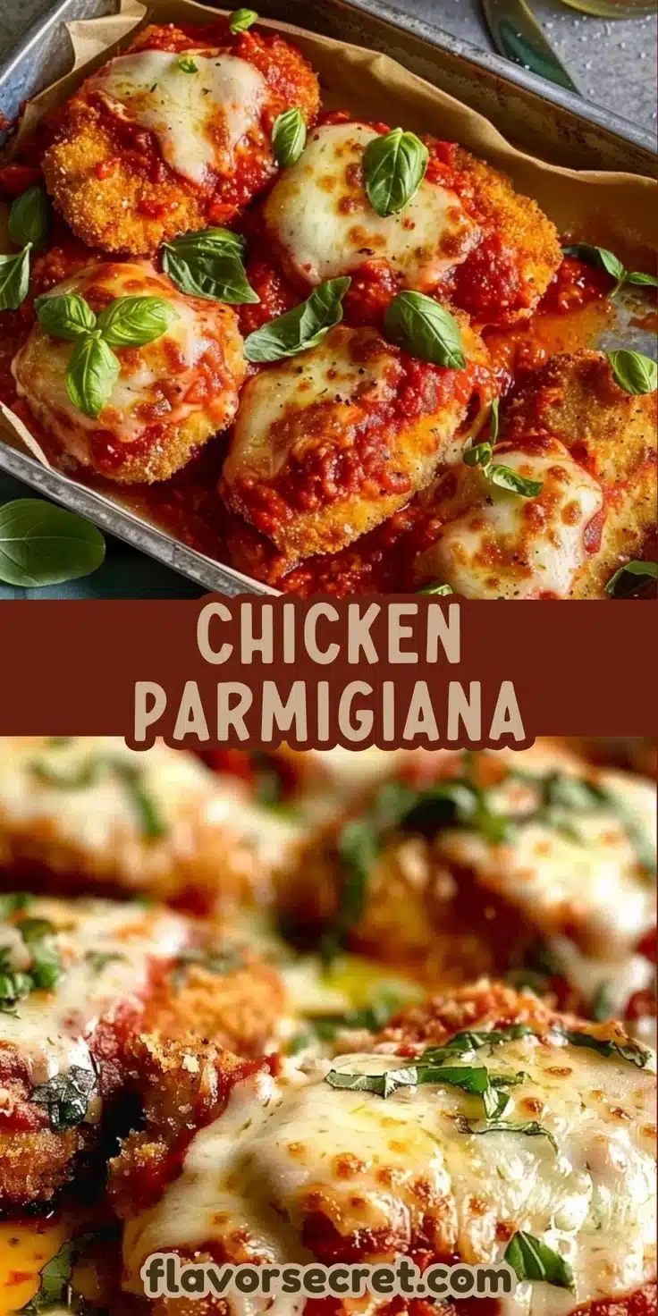 Delicious Chicken Parmigiana served with marinara and melted cheese