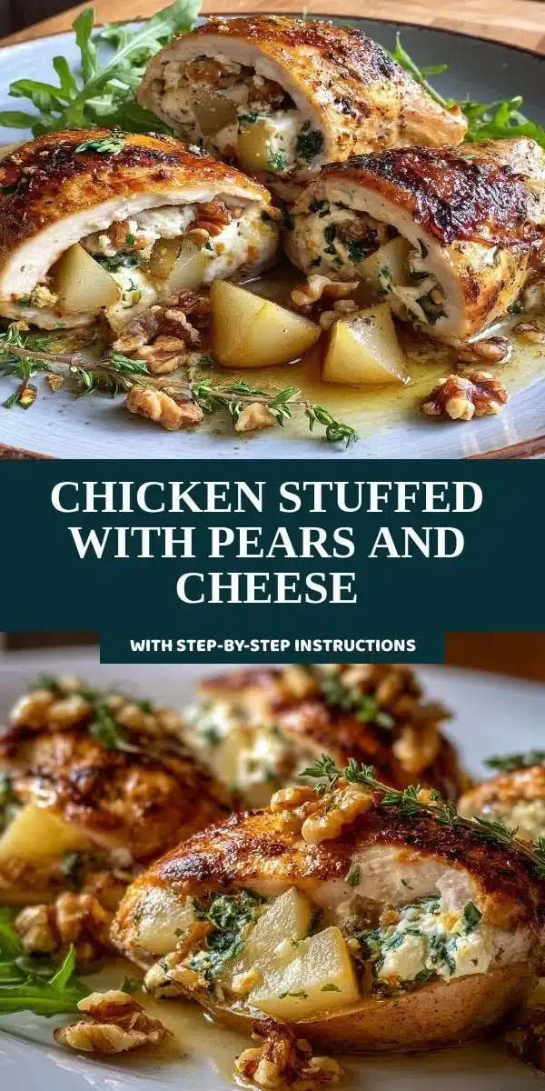Juicy chicken stuffed with pears and cheese on a plate, garnished with herbs.