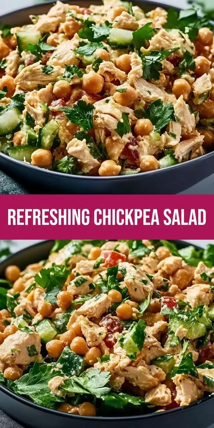 Bowl of chickpea chicken salad with fresh vegetables and herbs