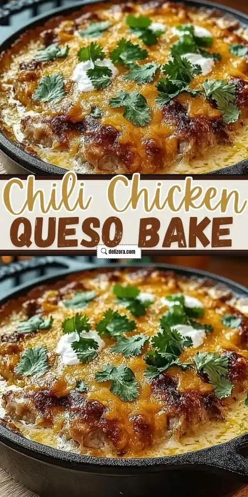 Chili Chicken Queso Bake, a cheesy dish topped with chili, chicken, and melted cheese.