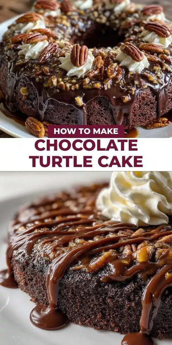 Decadent Chocolate Turtle Cake with chocolate, caramel drizzle, and pecans