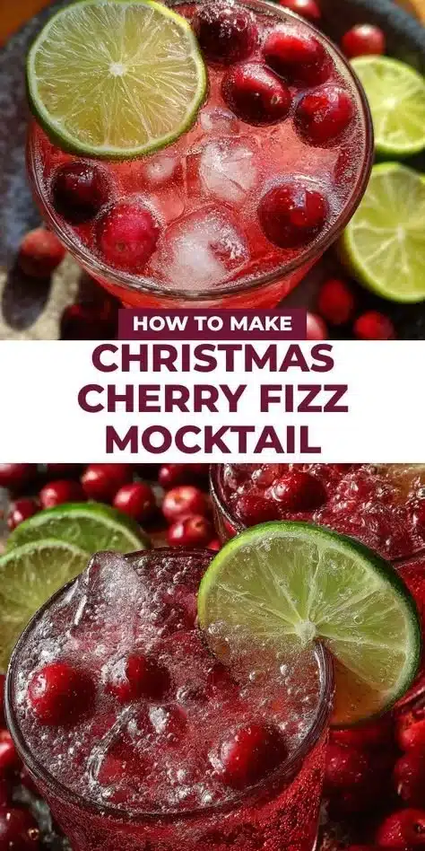 Christmas Cherry Fizz mocktail served in a festive glass with cherries and sparkling soda.