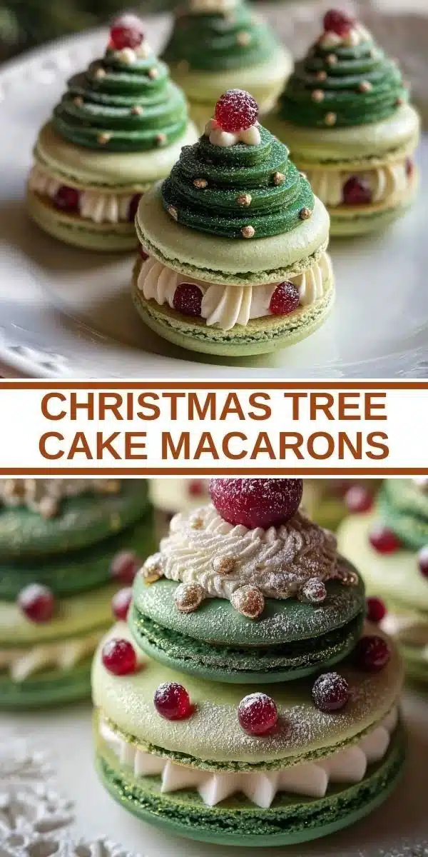 Festive Christmas Tree Cake Macarons decorated for the holiday season