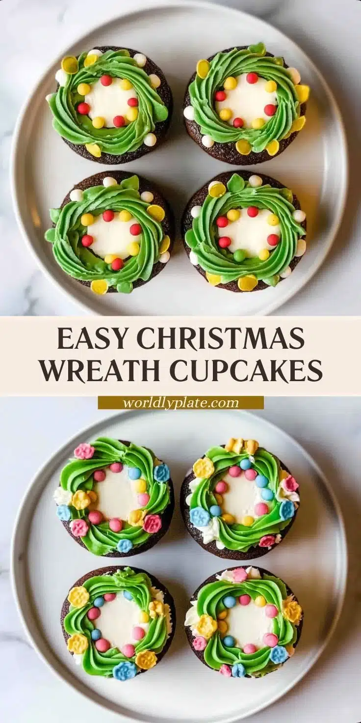 Decorative Christmas wreath cupcakes with festive icing and toppings