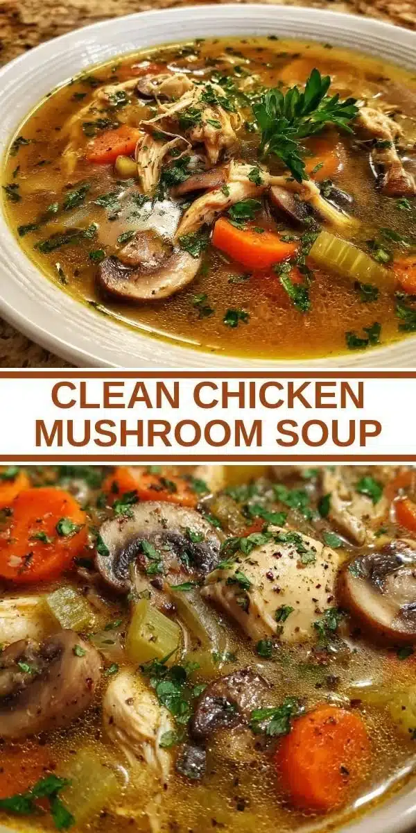 Bowl of clean chicken mushroom soup garnished with herbs and spices
