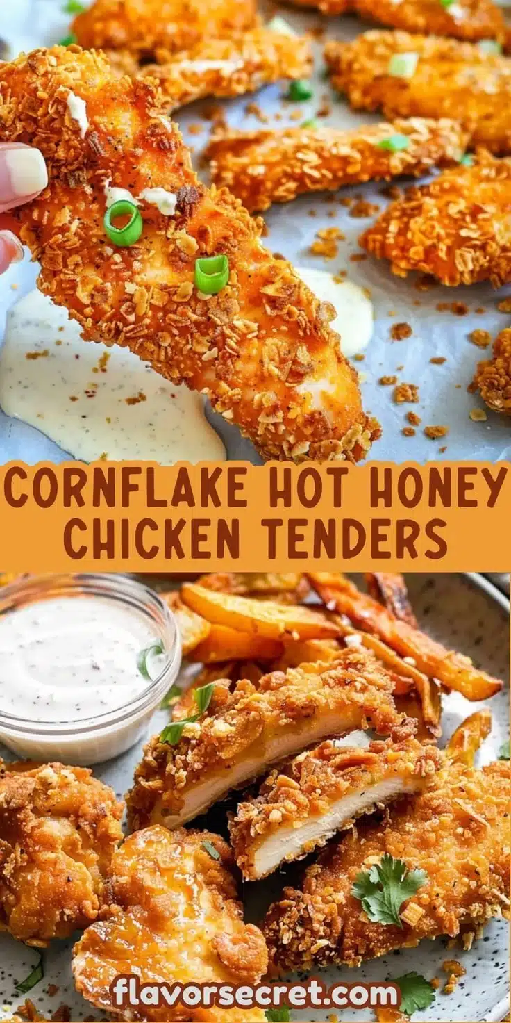 Cornflake-crusted hot honey chicken tenders served with dipping sauce