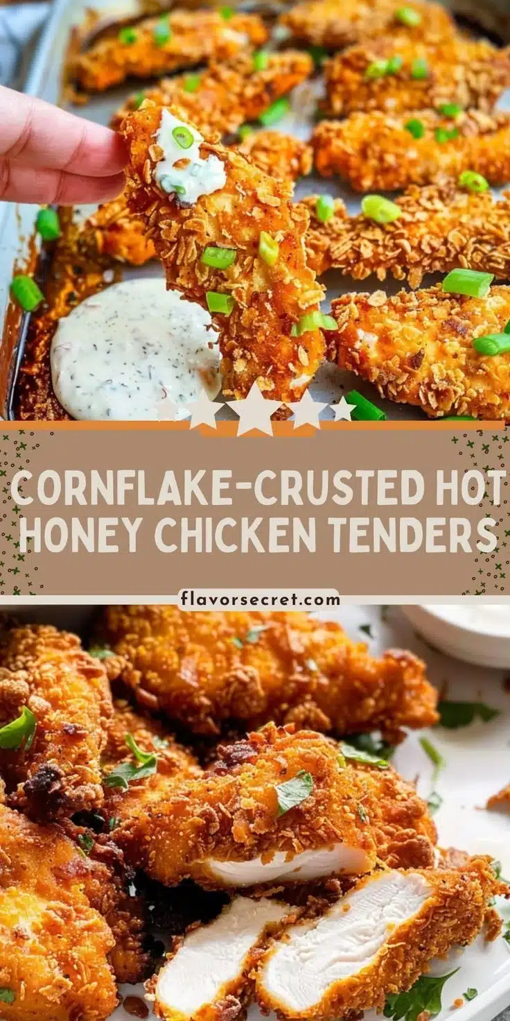 Cornflake-crusted hot honey chicken tenders served on a plate