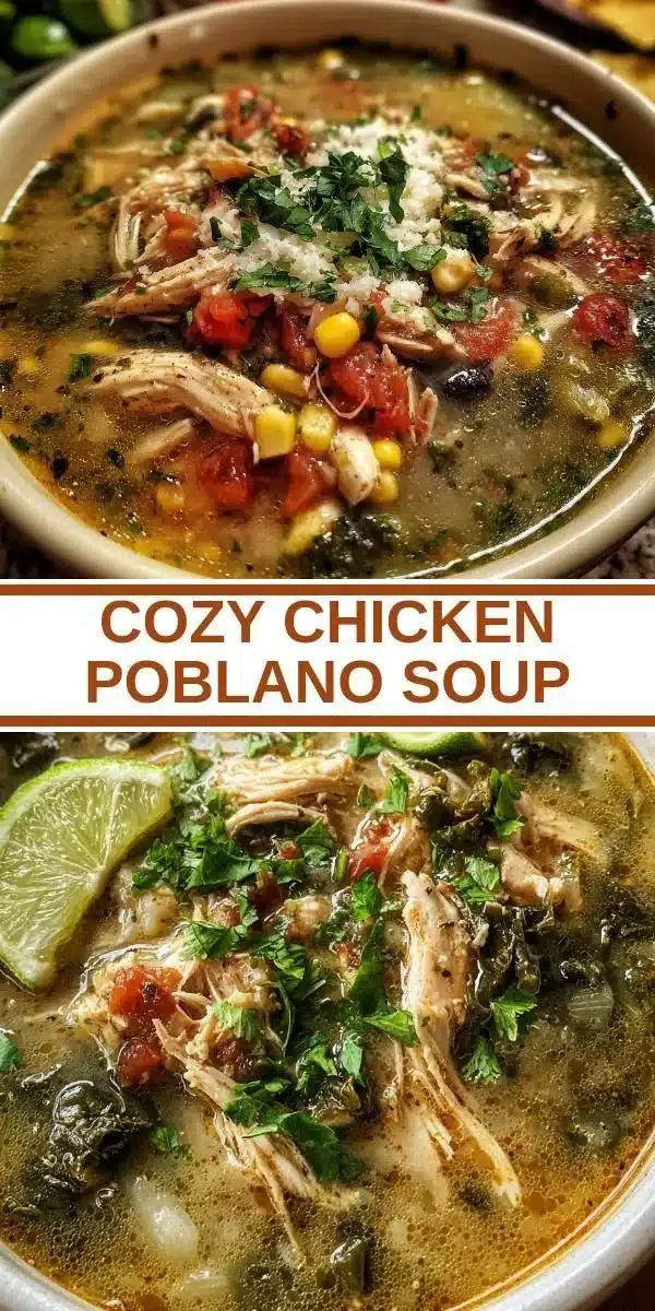 A bowl of cozy Chicken Poblano Soup garnished with cilantro and lime.