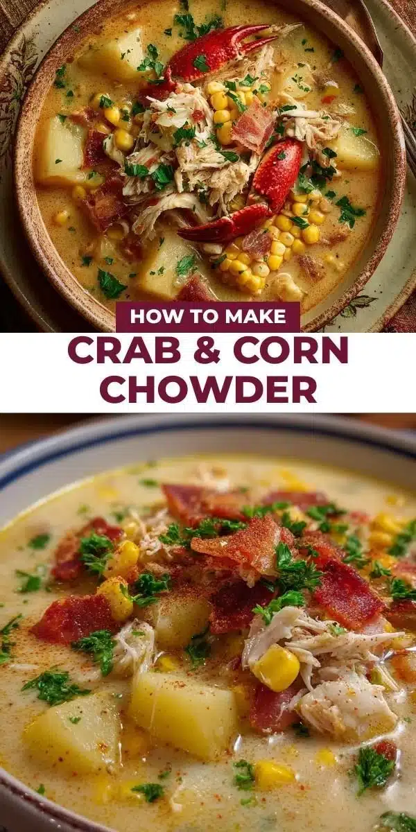 Bowl of creamy Crab Chowder with corn and herbs garnished on top