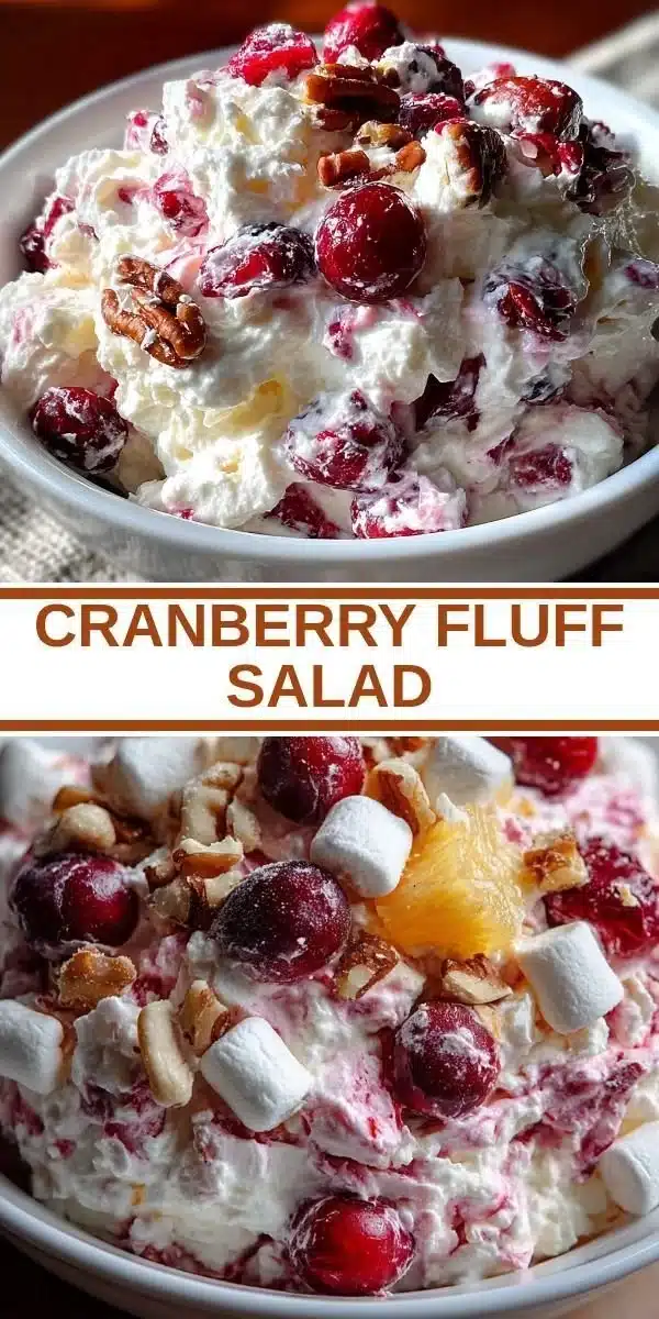 Bowl of delicious Cranberry Fluff Salad with cranberries and whipped cream.