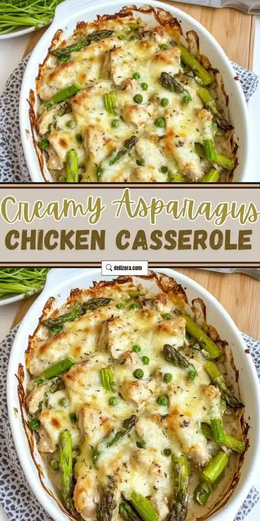 Creamy asparagus chicken casserole baked in a dish with asparagus spears and chicken pieces
