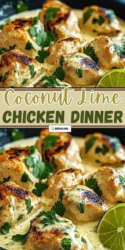 Creamy coconut lime chicken dish garnished with lime and herbs