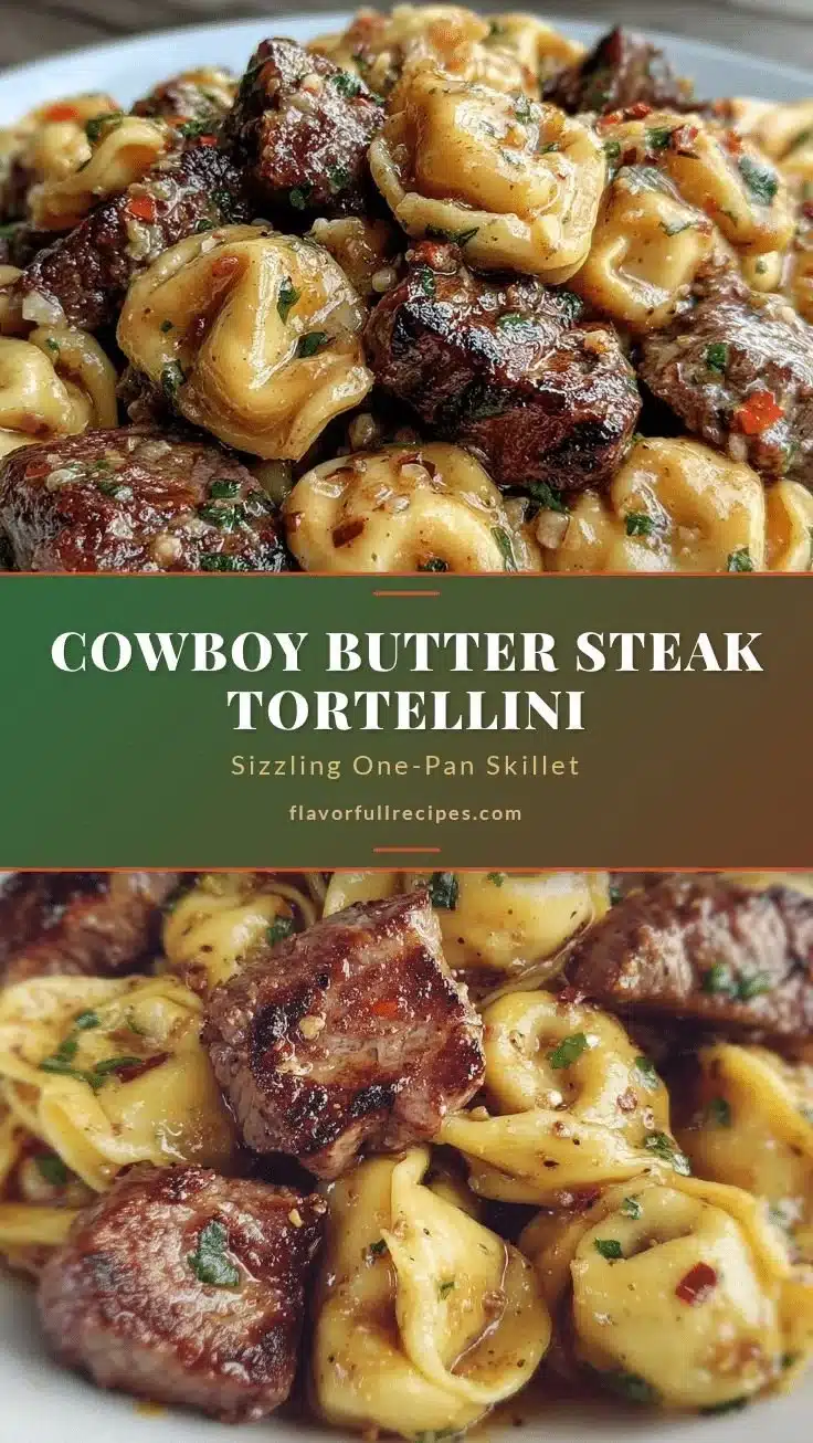 Creamy Cowboy Butter Tortellini with steak bites served in a bowl
