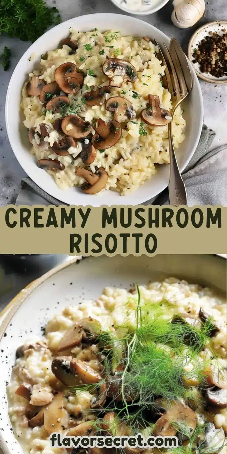 Creamy fennel pollen mushroom risotto served in a white dish with herbs
