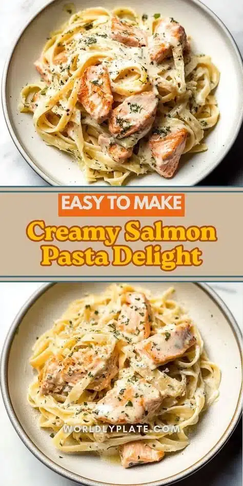 Creamy lemon dill pasta with salmon garnished with fresh herbs