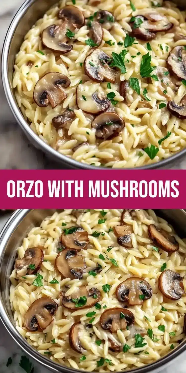 Creamy orzo with mushrooms in a bowl, garnished with parsley.