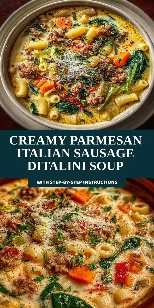 Creamy Parmesan Italian Sausage Ditalini Soup in a bowl garnished with parsley