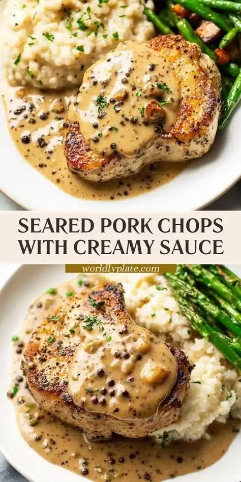 Creamy peppercorn sauce drizzled over juicy pork chops