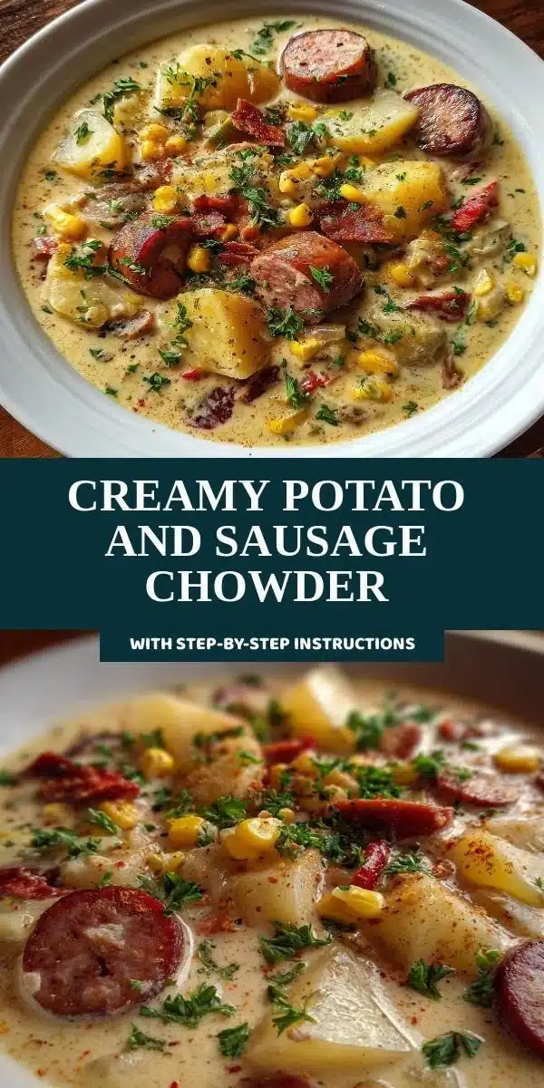 Bowl of creamy potato sausage chowder garnished with fresh herbs