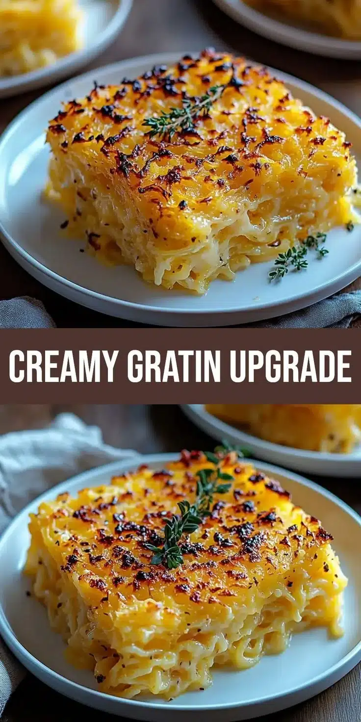 Creamy spaghetti squash au gratin dish in a baking dish topped with cheese.