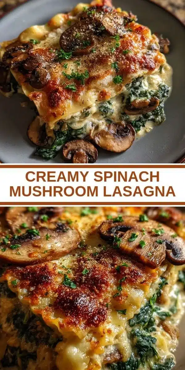 Creamy spinach mushroom lasagna topped with melted cheese and herbs