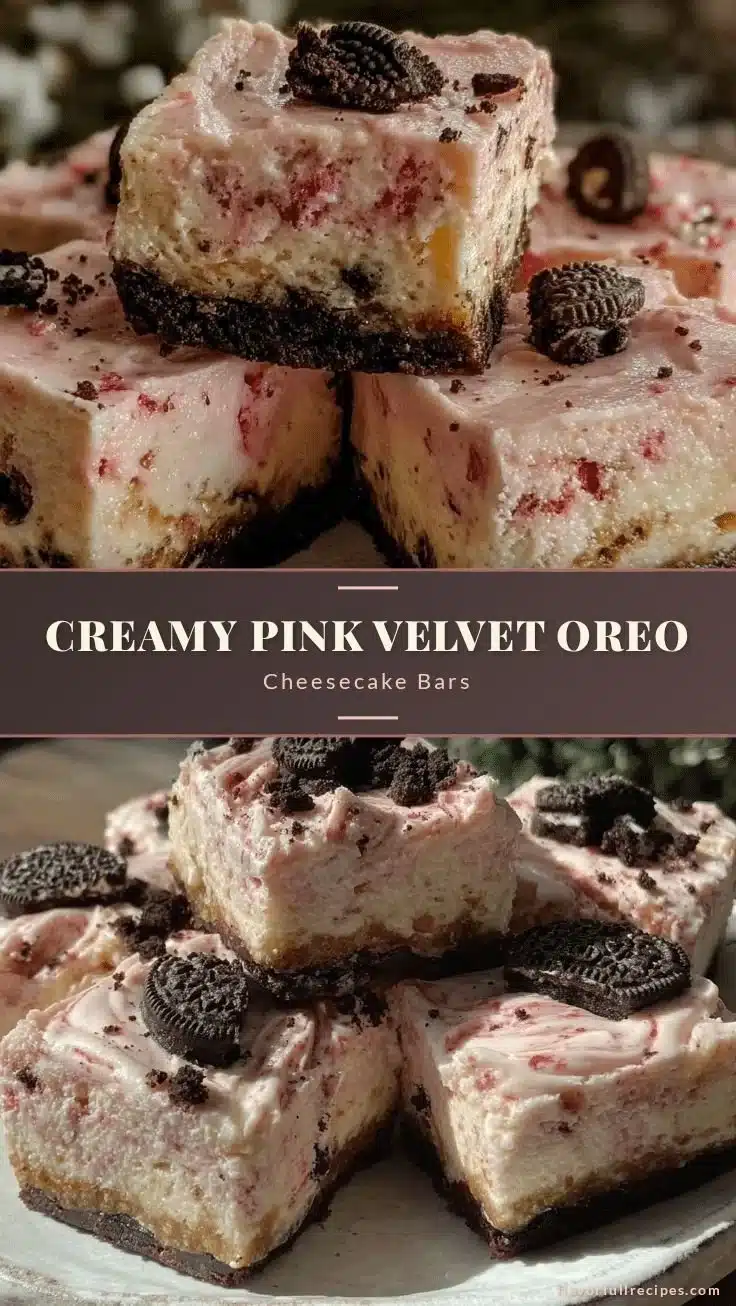 Creamy Valentine’s Pink Velvet Oreo Cheesecake Bars on a decorative plate