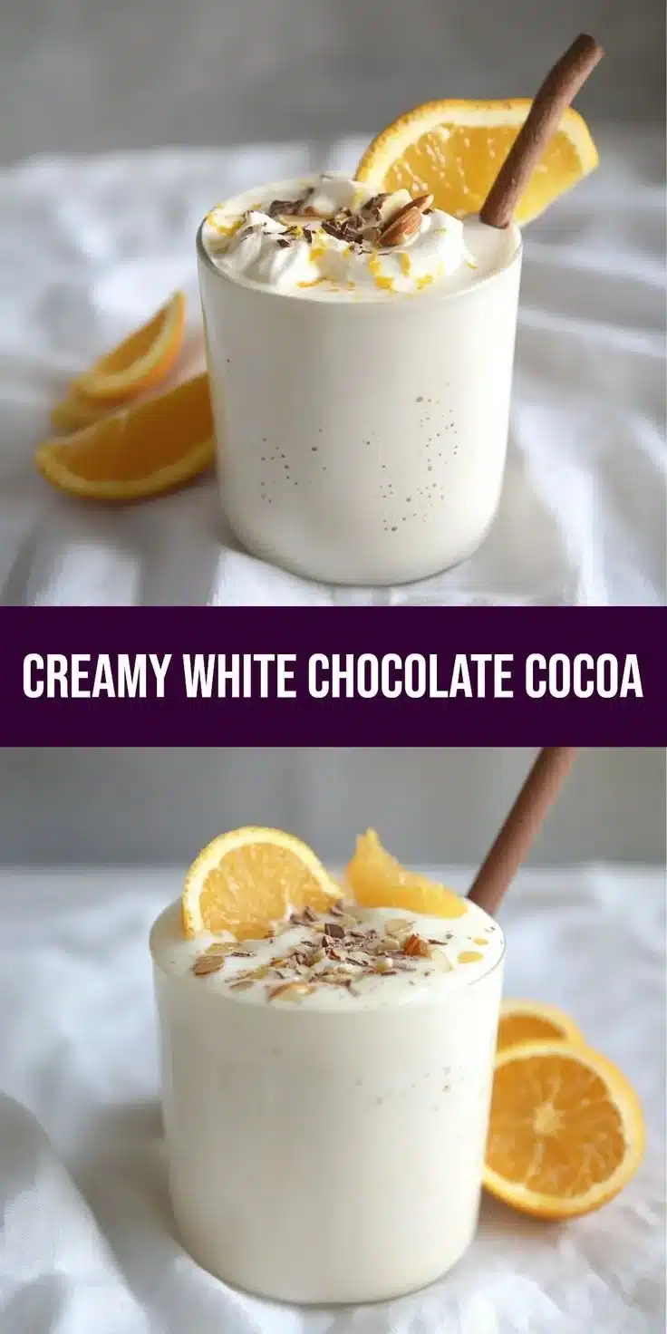 Creamy white chocolate orange almond cocoa in a warm bowl for winter enjoyment.