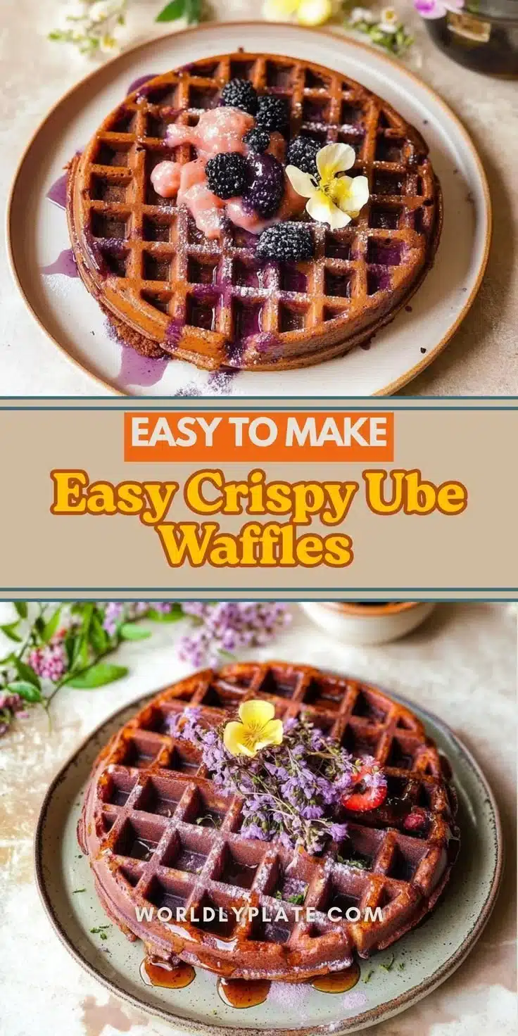 Delicious crispy and tender ube waffles topped with syrup and berries