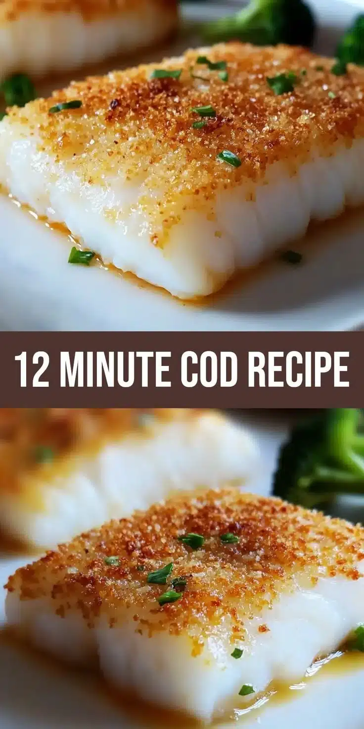 Crispy panko parmesan crusted baked cod on a plate with lemon garnishes.