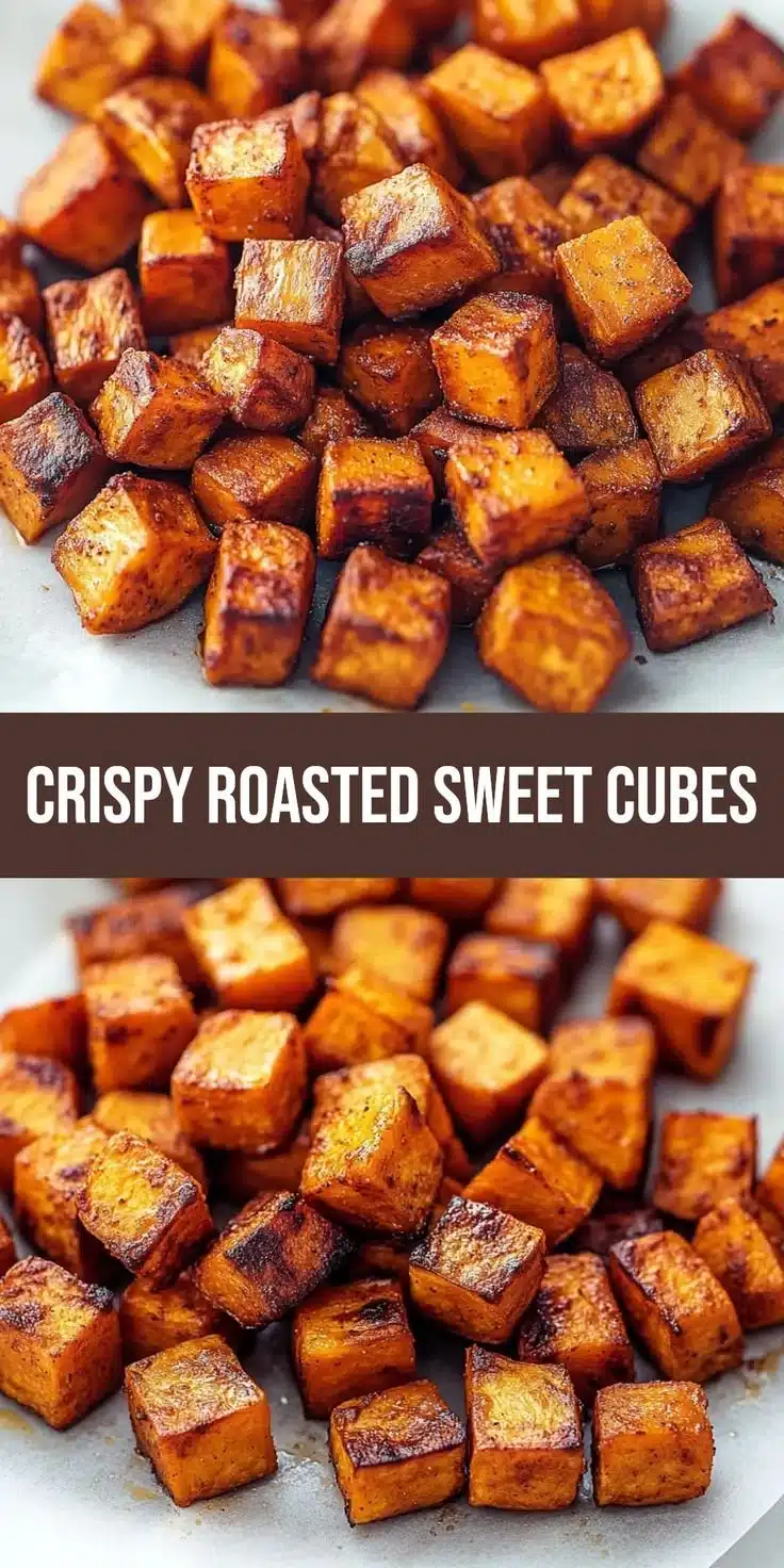 Crispy roasted sweet potato cubes on a plate, perfect for snacking or as a side dish